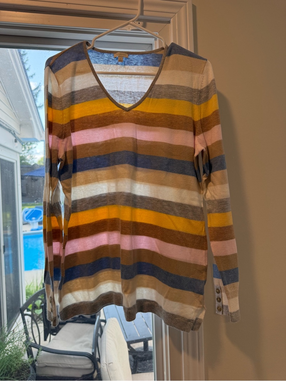 Talbots V-Neck Striped Long Sleeve Sweater - Yellow, Pink, Blue, Brown, Cream